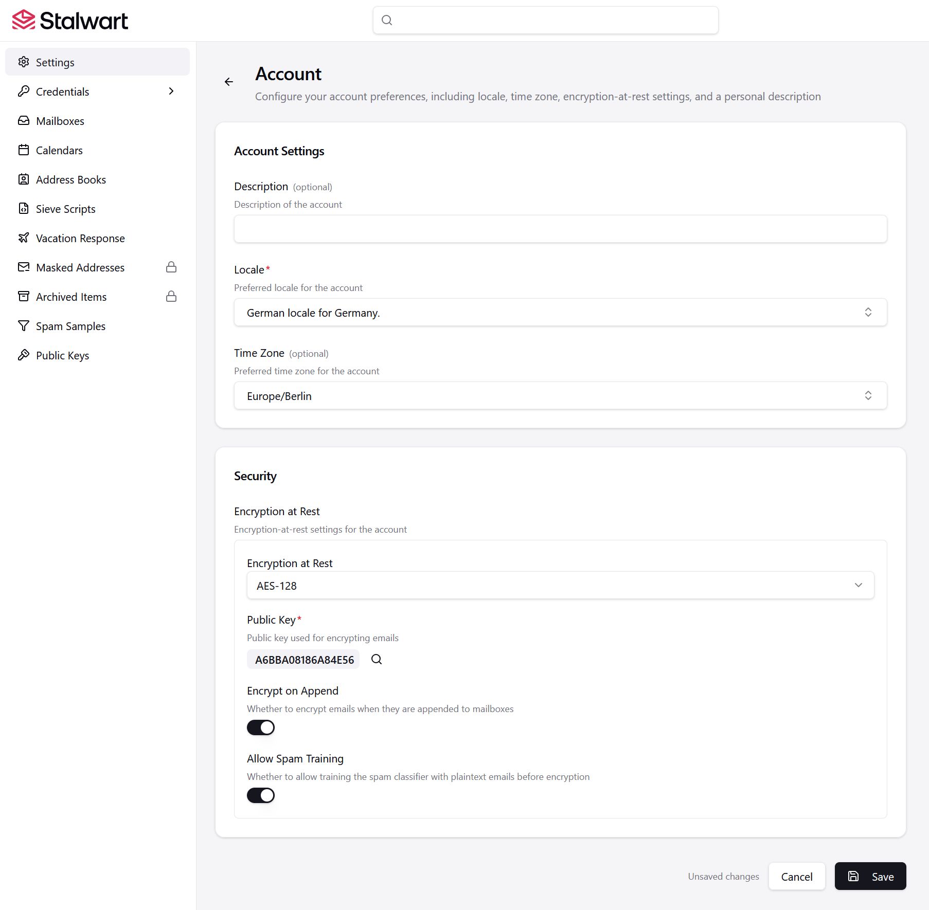 Aktivierung von Encryption at rest und Encryption at append in Stalwart